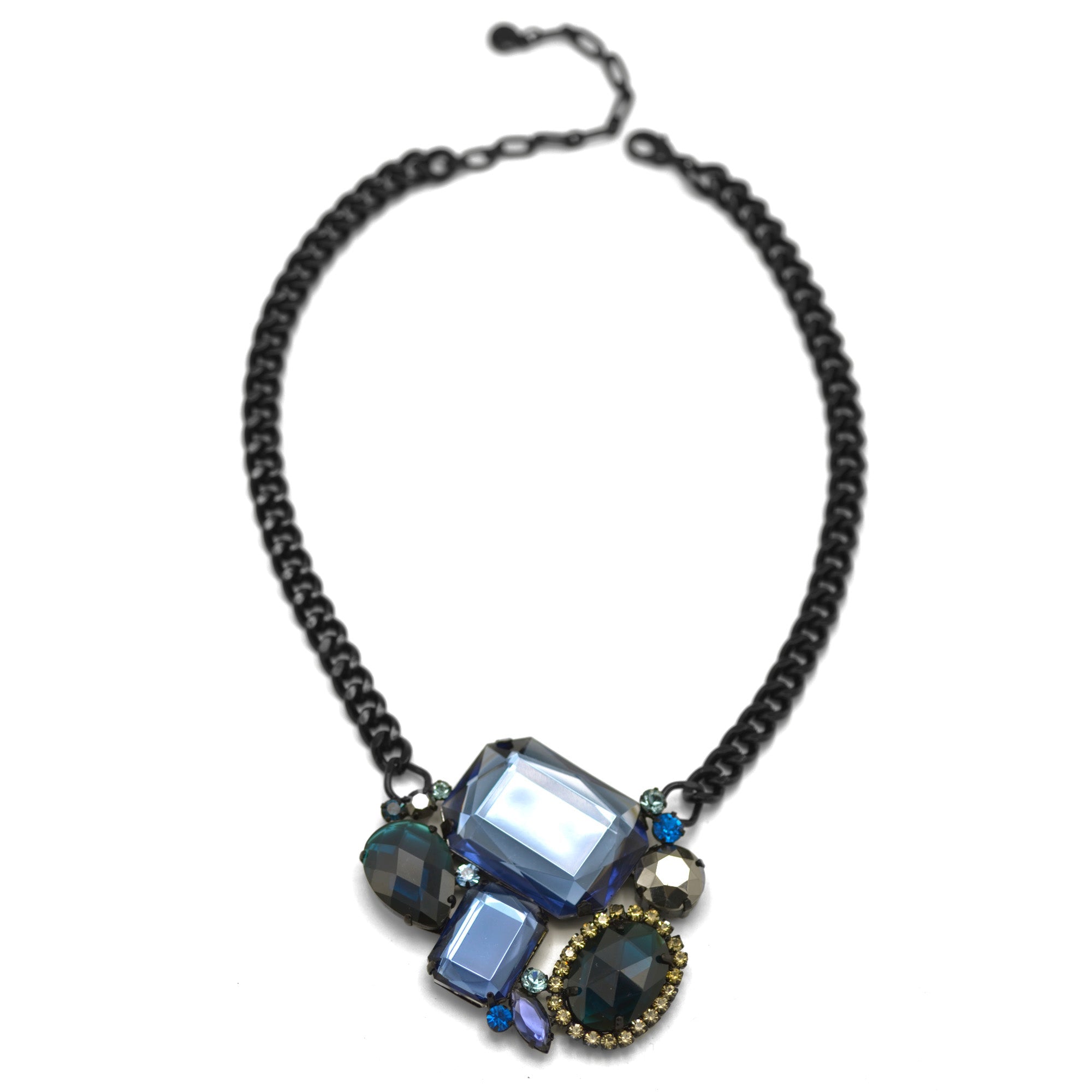 Black Metal Necklace with Multi-Color Faceted Crystals #256BL1101 (1E21)