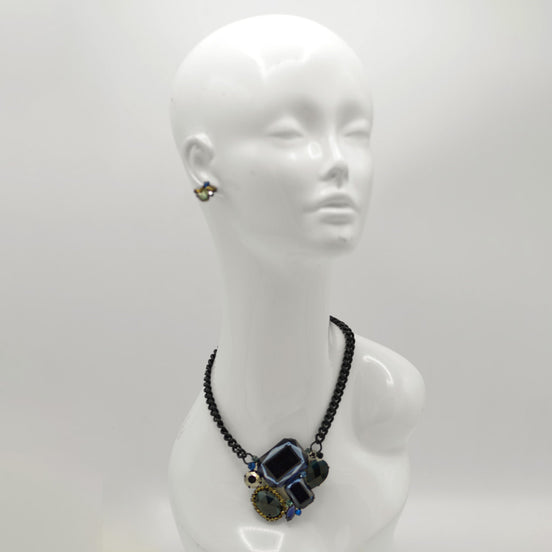Black Metal Necklace with Multi-Color Faceted Crystals #256BL1101 (1E21)