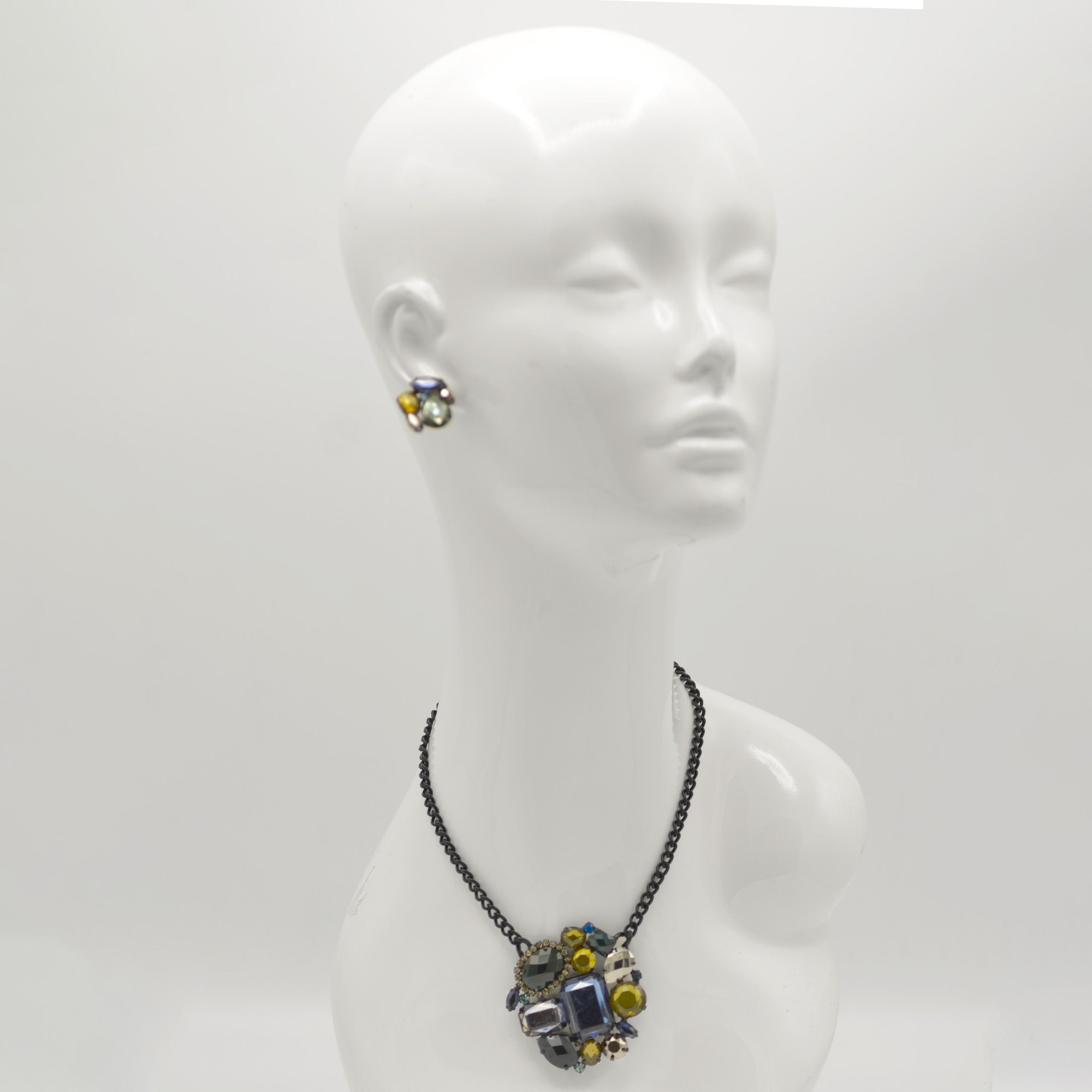 Black Metal Necklace with Multicolor Crystal Pendant necklace #256BL1201 (1E21)