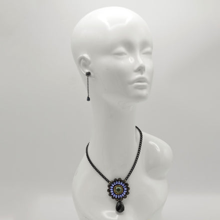 Black Metal Necklace with Amethyst Crystal and Black Faceted Teardrop Pendant#256BL1301 (9A5/7A2)