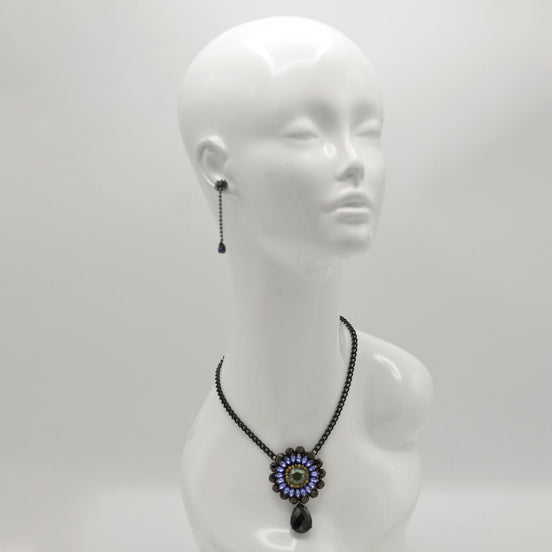 Black Metal Necklace with Amethyst Crystal and Black Faceted Teardrop Pendant#256BL1301 (9A5/7A2)