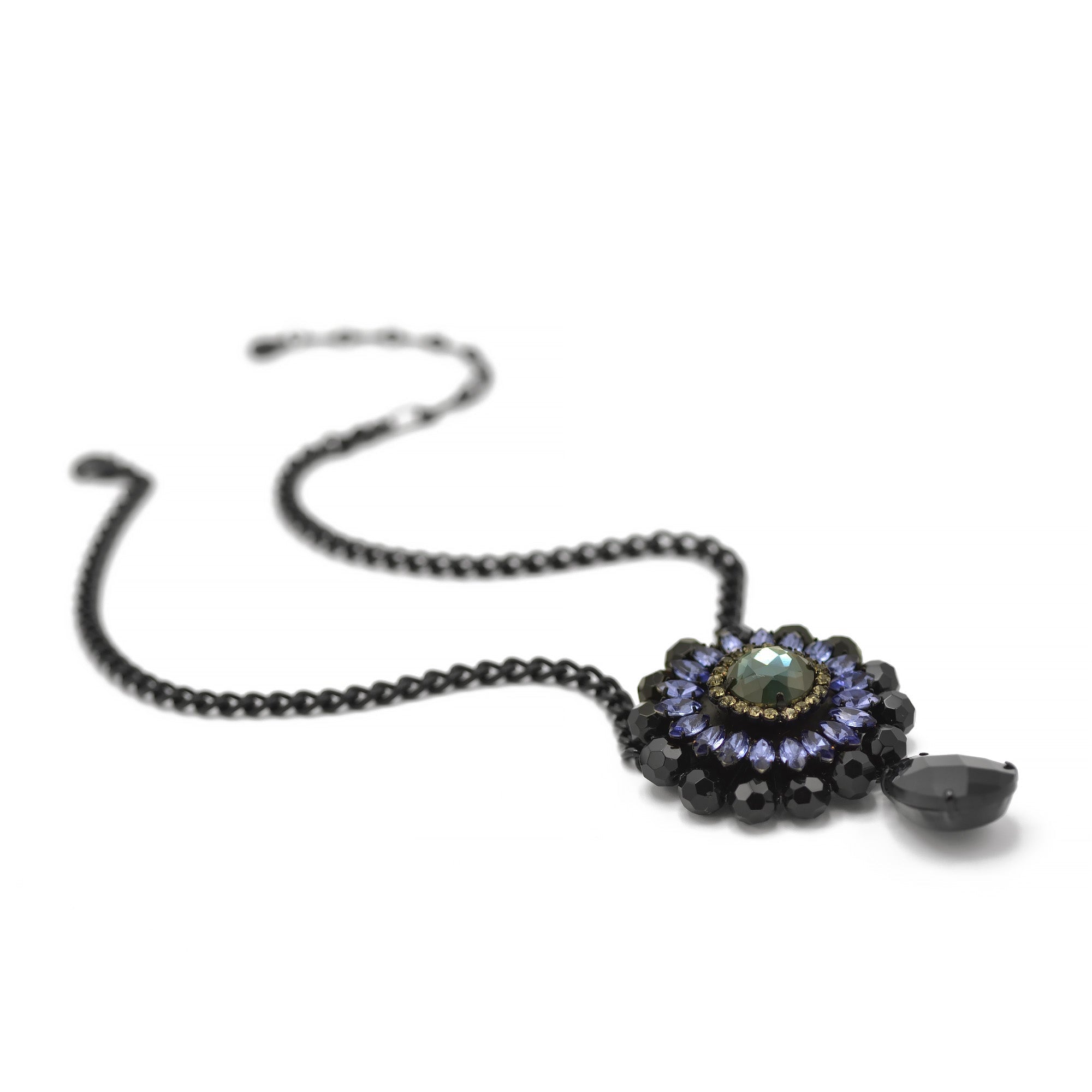 Black Metal Necklace with Amethyst Crystal and Black Faceted Teardrop Pendant#256BL1301 (9A5/7A2)