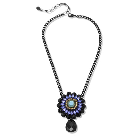 Black Metal Necklace with Amethyst Crystal and Black Faceted Teardrop Pendant#256BL1301 (9A5/7A2)