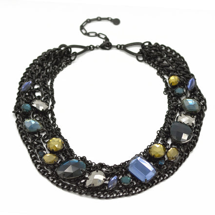 Black Metal Necklace With Multi color Faceted crystal necklace #256BL1501 (10A3)