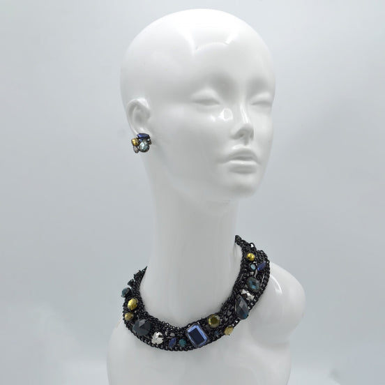 Black Metal Necklace With Multi color Faceted crystal necklace #256BL1501 (10A3)