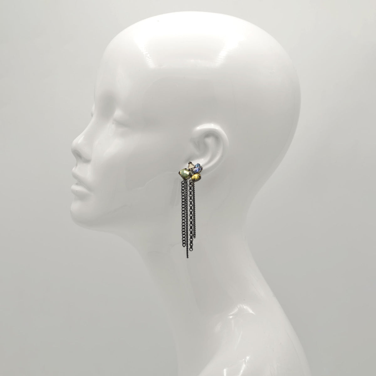 Black Metal tassel Earrings With Multi-Color Faceted Crystals #256BL3601 (7A2)