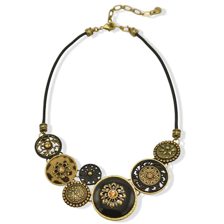Black Metal Necklace with Gold Oxidized  Round Crystal Pendants and Black Metal Chain #275GD1101 (7D2/6D2)