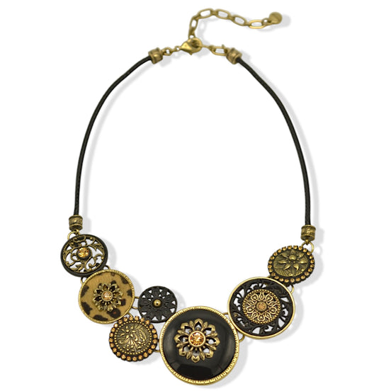 Black Metal Necklace with Gold Oxidized  Round Crystal Pendants and Black Metal Chain #275GD1101 (7D2/6D2)