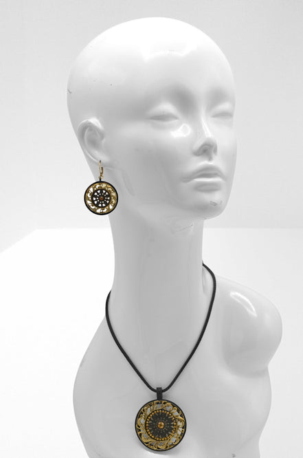 Black Metal Necklace with Gold Oxidized Filigree Round Crystal Pendant #275GD1201 (7D2/6D2)