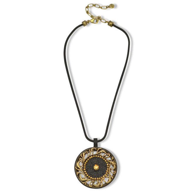 Black Metal Necklace with Gold Oxidized Filigree Round Crystal Pendant #275GD1201 (7D2/6D2)
