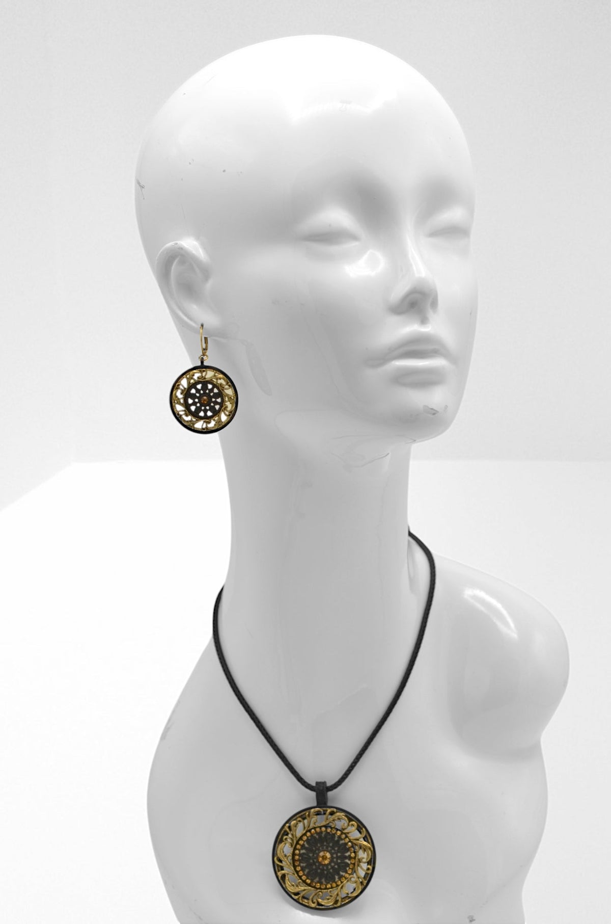 Black Metal with Gold Oxidized Filigree Round Crystal Earrings #275GD3201 (7C3/6D2)