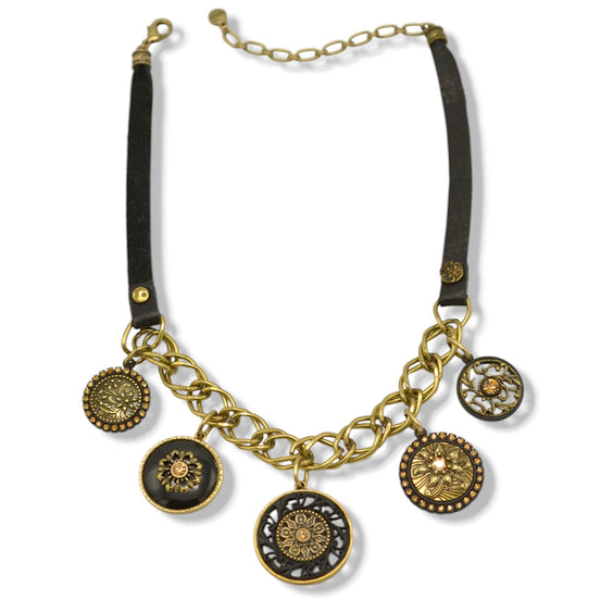 Black Metal Necklace with Leather Strap, Gold Oxidized Charms, and Filigree Crystal Pendant#275GD1301 (7D2/6D2)
