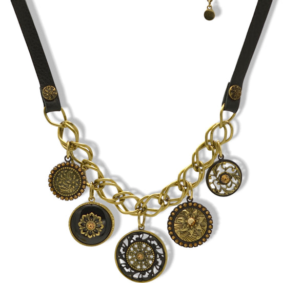 Black Metal Necklace with Leather Strap, Gold Oxidized Charms, and Filigree Crystal Pendant#275GD1301 (7D2/6D2)