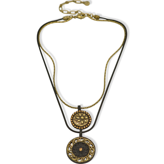 Black Metal Two-Layer Necklace with Gold Oxidized Filigree Round Crystal Pendant #275GD1501 (7D2/6D2)