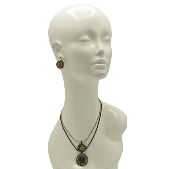 Black Metal Two-Layer Necklace with Gold Oxidized Filigree Round Crystal Pendant #275GD1501 (7D2/6D2)