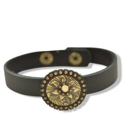 Gold Oxidized Filigree Round Crystal Pendant on Black Leather Bracelet #275GD2101 (7C3/6D2)