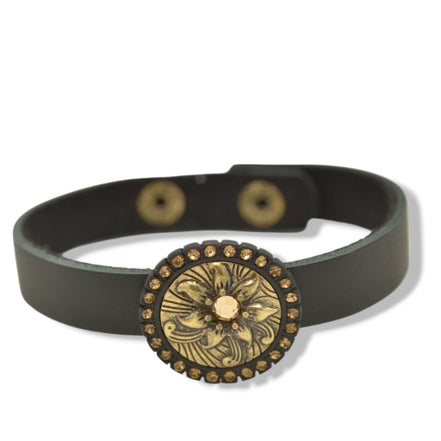 Gold Oxidized Filigree Round Crystal Pendant on Black Leather Bracelet #275GD2101 (7C3/6D2)