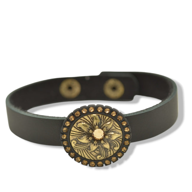 Gold Oxidized Filigree Round Crystal Pendant on Black Leather Bracelet #275GD2101 (7C3/6D2)