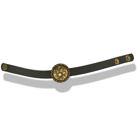 Gold Oxidized Filigree Round Crystal Pendant on Black Leather Bracelet #275GD2101 (7C3/6D2)