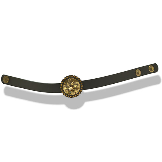 Gold Oxidized Filigree Round Crystal Pendant on Black Leather Bracelet #275GD2101 (7C3/6D2)