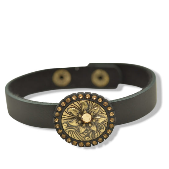 Gold Oxidized Filigree Round Crystal Pendant on Black Leather Bracelet #275GD2101 (7C3/6D2)