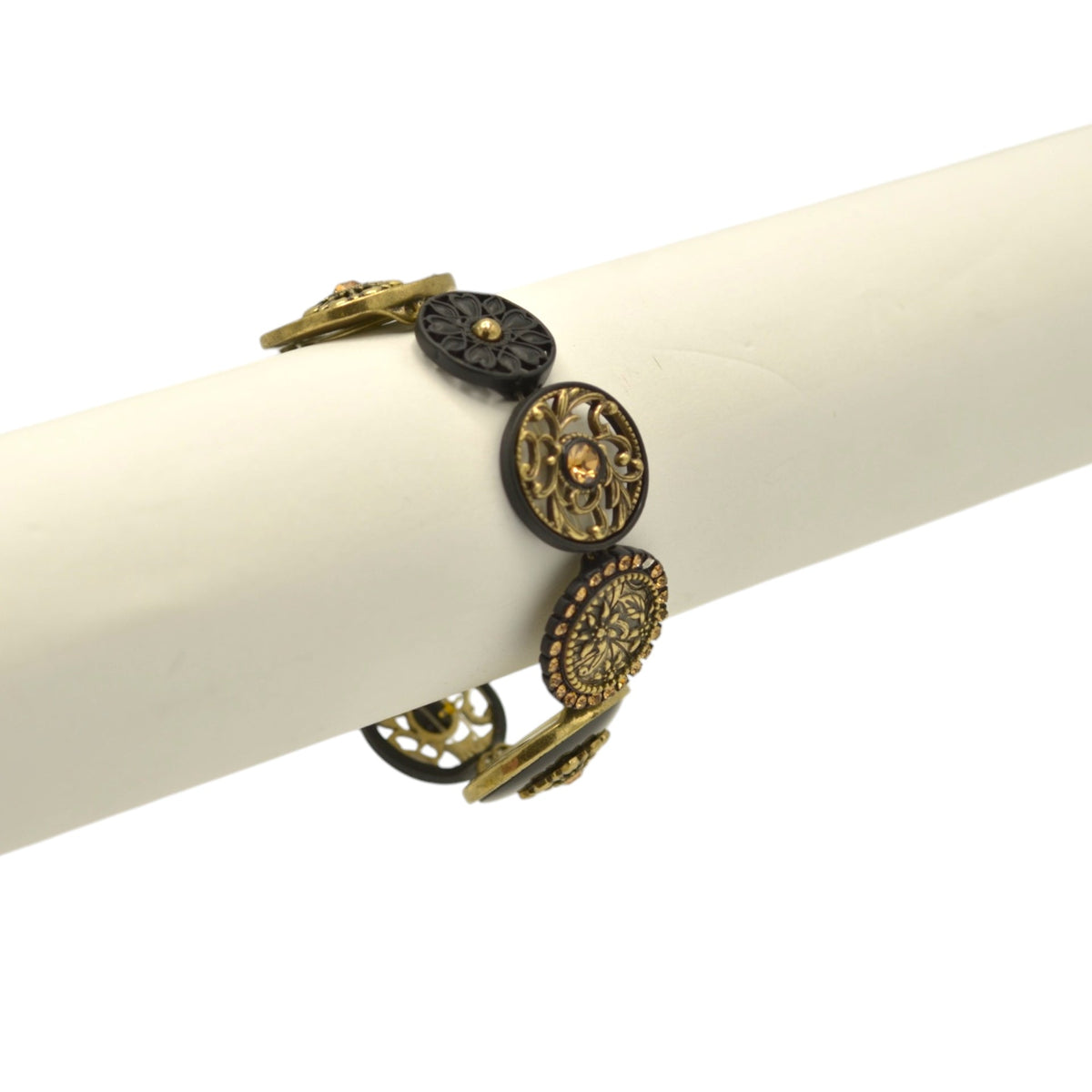 Black Metal Stretch Bracelet with Gold Oxidized Filigree and Crystal Accent #275GD2201 (7C3/6D2)