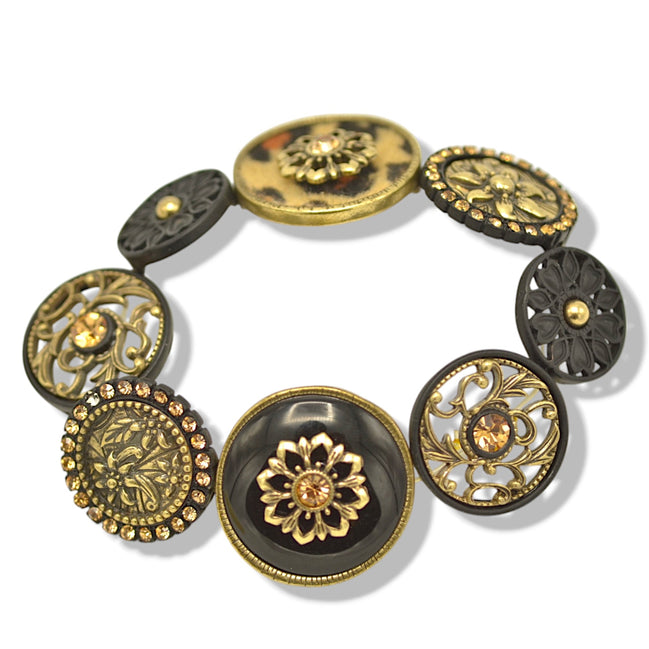 Black Metal Stretch Bracelet with Gold Oxidized Filigree and Crystal Accent #275GD2201 (7C3/6D2)
