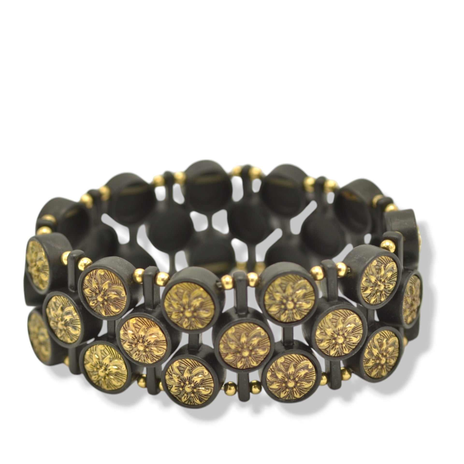 Black Metal Stretch Bracelet with Oxidized Gold Disk Accent #275GD2301 (7C3/6D2)