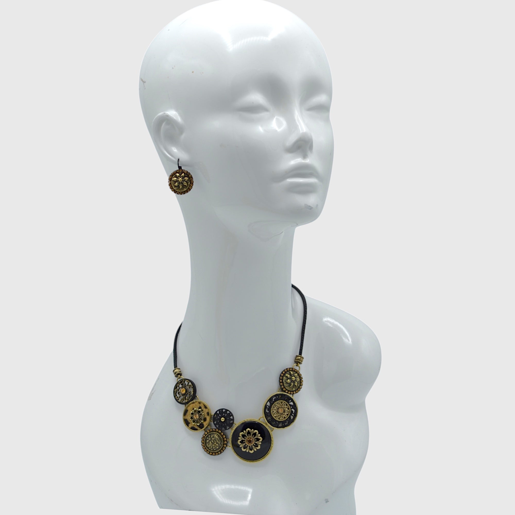 Black Metal Earrings with Gold Oxidized Filigree Round Crystal #275GD3101 (7C3/6D2)