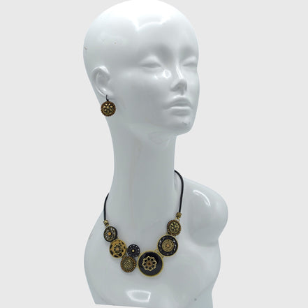 Black Metal Earrings with Gold Oxidized Filigree Round Crystal #275GD3101 (7C3/6D2)