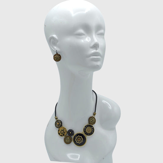 Black Metal Earrings with Gold Oxidized Filigree Round Crystal #275GD3101 (7C3/6D2)