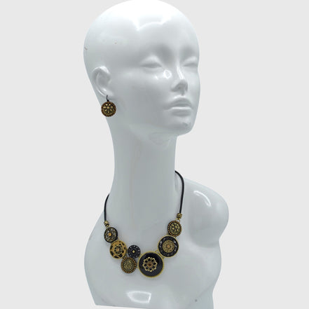Black Metal Necklace with Gold Oxidized  Round Crystal Pendants and Black Metal Chain #275GD1101 (7D2/6D2)