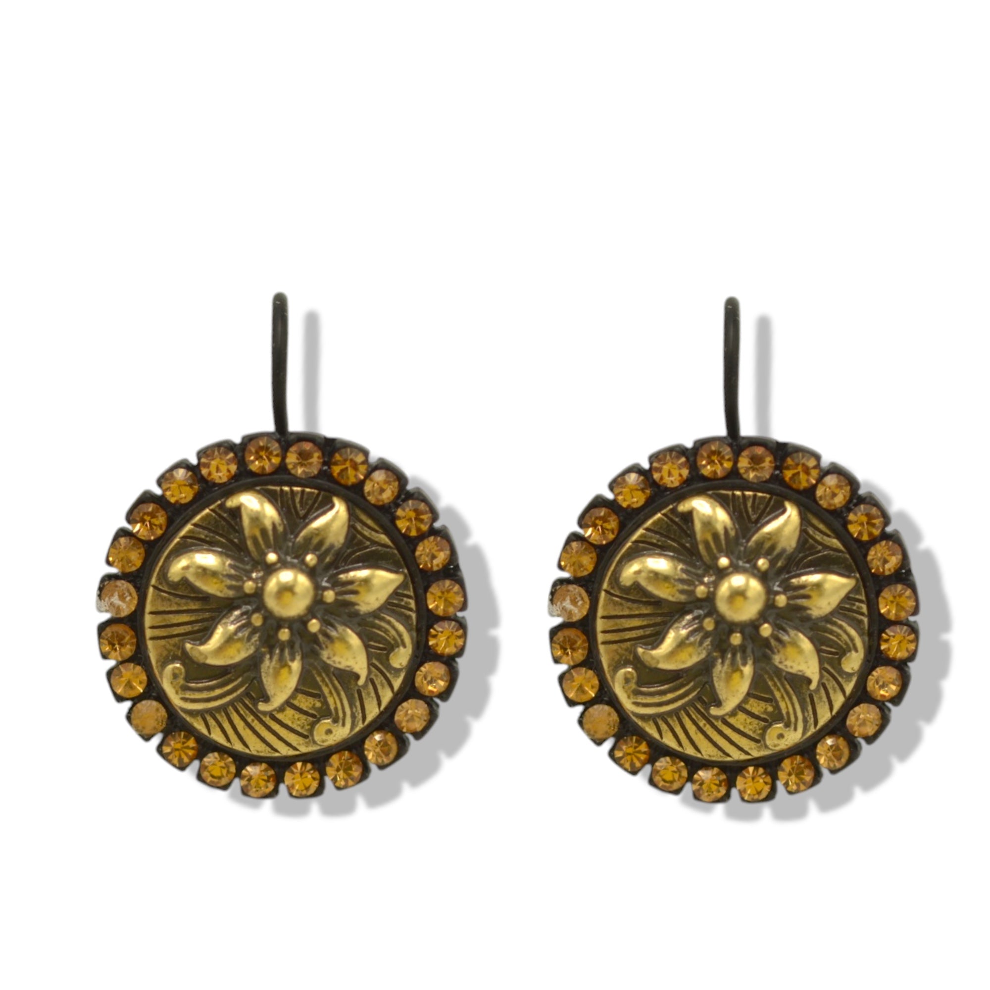 Black Metal Earrings with Gold Oxidized Filigree Round Crystal #275GD3101 (7C3/6D2)