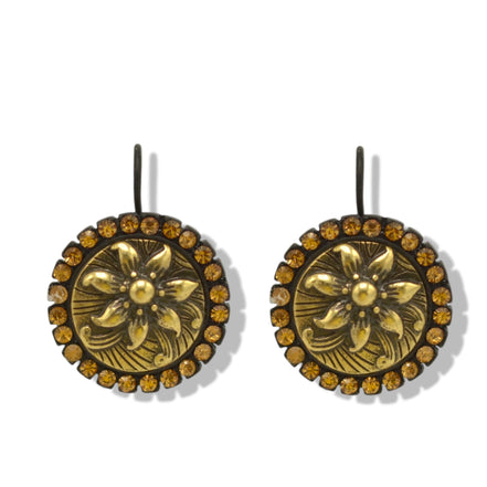 Black Metal Earrings with Gold Oxidized Filigree Round Crystal #275GD3101 (7C3/6D2)