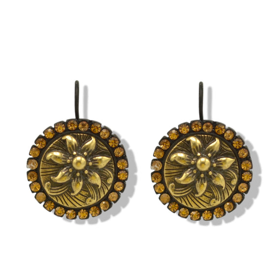 Black Metal Earrings with Gold Oxidized Filigree Round Crystal #275GD3101 (7C3/6D2)