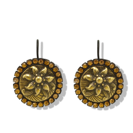 Black Metal Earrings with Gold Oxidized Filigree Round Crystal #275GD3101 (7C3/6D2)