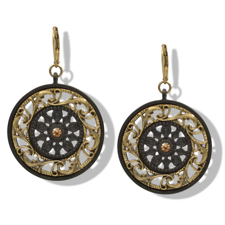 Black Metal with Gold Oxidized Filigree Round Crystal Earrings #275GD3201 (7C3/6D2)