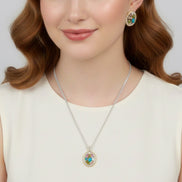 TWO TONE MULTI COLOR CRYSTAL OVAL PENDANT SILVER ROPE CHAIN NECKLACE #34176EH-MT