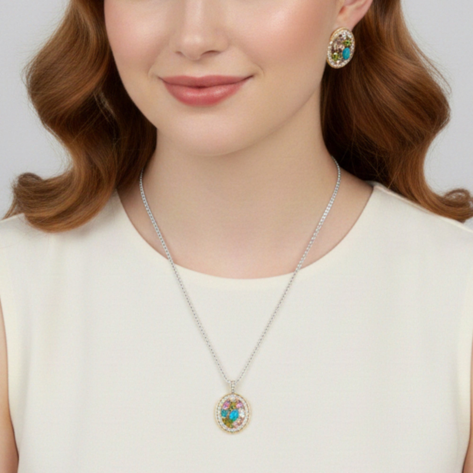 TWO TONE MULTI COLOR CRYSTAL OVAL PENDANT SILVER ROPE CHAIN NECKLACE #34176EH-MT