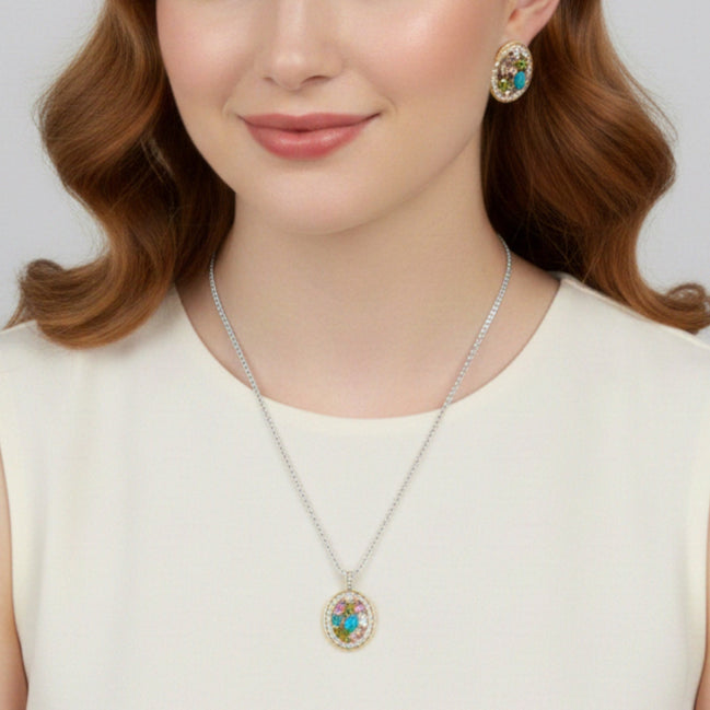 TWO TONE MULTI COLOR CRYSTAL OVAL PENDANT SILVER ROPE CHAIN NECKLACE #34176EH-MT