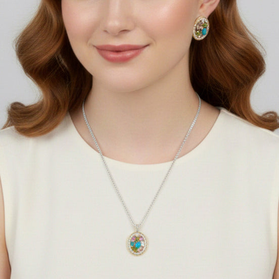 TWO TONE MULTI COLOR CRYSTAL OVAL PENDANT SILVER ROPE CHAIN NECKLACE #34176EH-MT