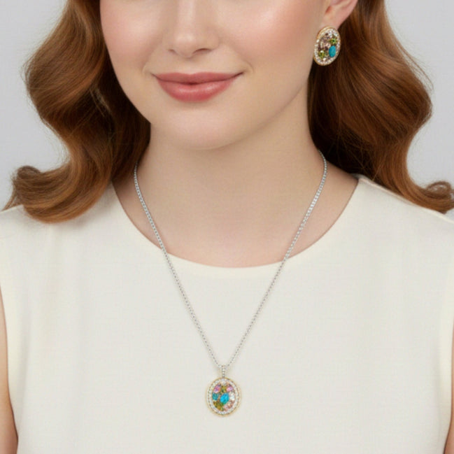 TWO TONE MULTI COLOR CRYSTAL OVAL PENDANT SILVER ROPE CHAIN NECKLACE #34176EH-MT