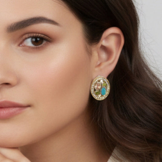 TWO TONE MULTI COLOR CRYSTAL POST EARRINGS #34176ER-MT