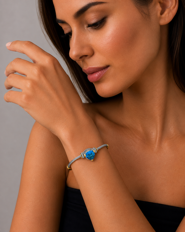 TWO TONE AQUA BLUE CRYSTAL CLASSIC CABLE BRACELET# 4110BR-TTAQ(FD12)