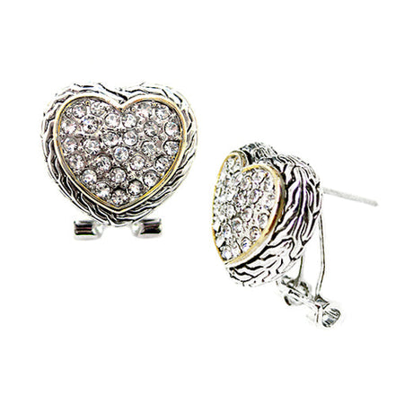 Bling Clear Rhinestone Heart Two-Tone Cable Earrings 