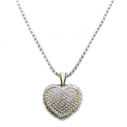 TWO TONE PAVE CRYSTAL ENGRAVED HEART PENDANT NECKLACE  #4652NK (FA14)