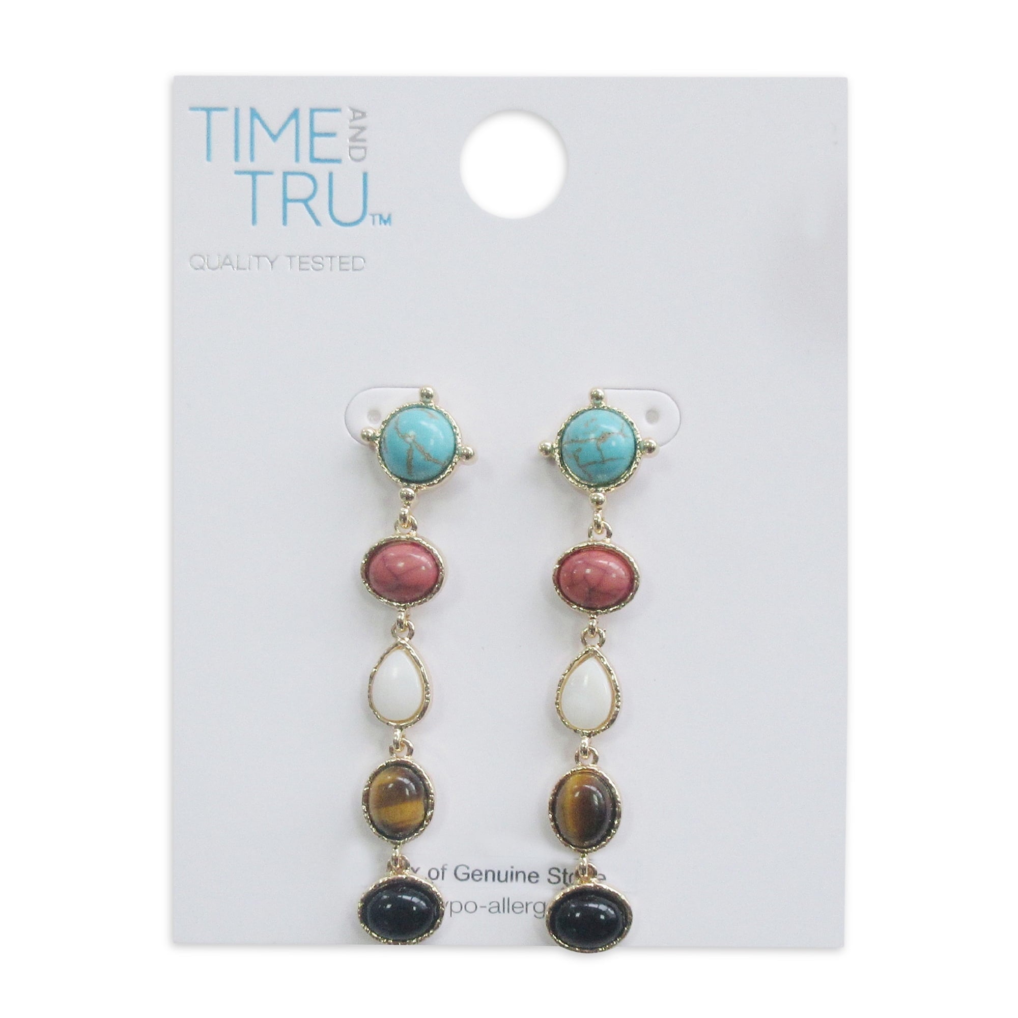 Gold Multi Turquoise, Tiger's Eye and Mother Of Pearl Drop Earrings #GFE5731-1