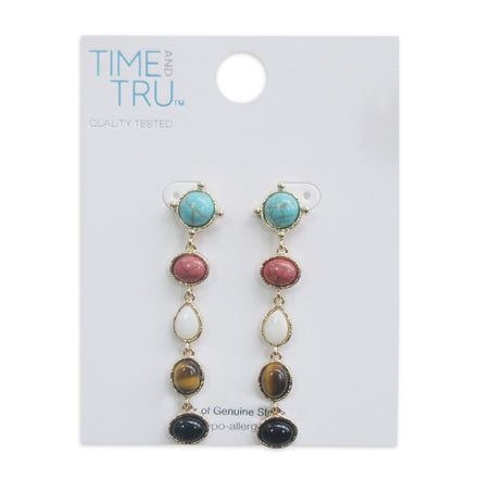 Gold Multi Turquoise, Tiger's Eye and Mother Of Pearl Drop Earrings #GFE5731-1