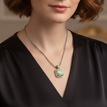 Two-Tone Abalone Square Pendant Box Chain Necklace #73014EH-ABAL.(FA12)