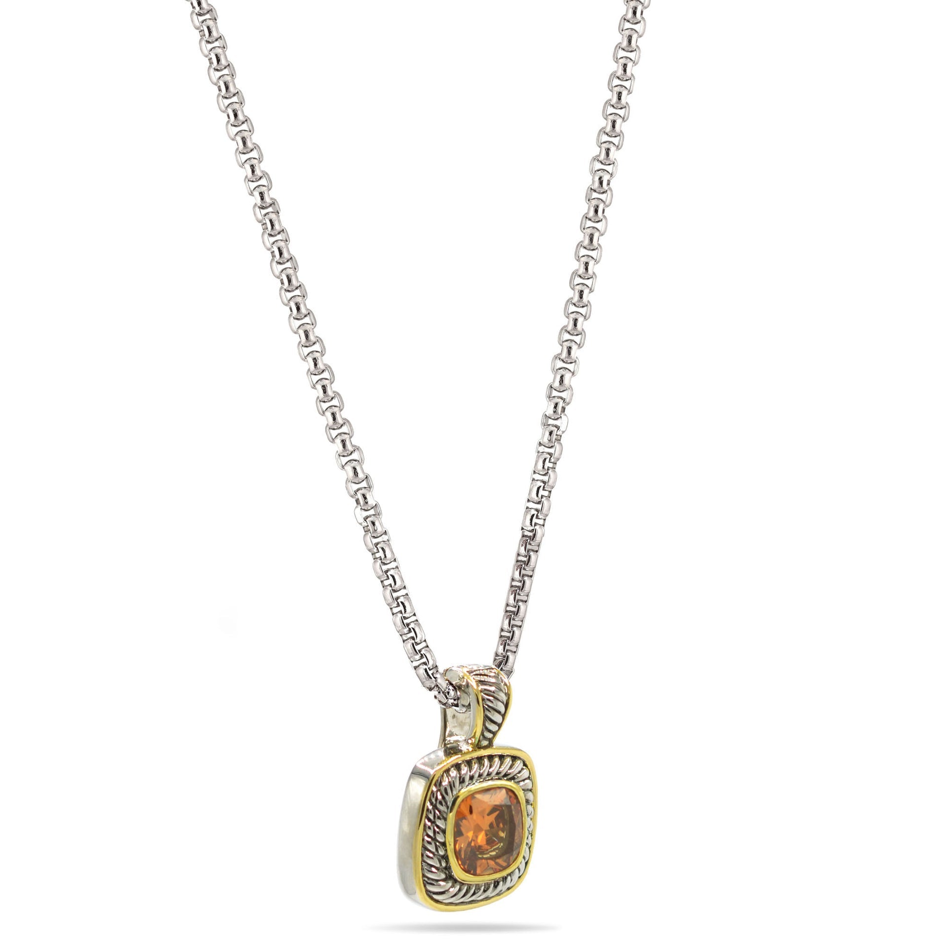 TWO TONE CHAMPAGNE CRYSTAL SQUARE PENDANT BOX CHAIN NECKLACE #73014EH-CHA (FC10)